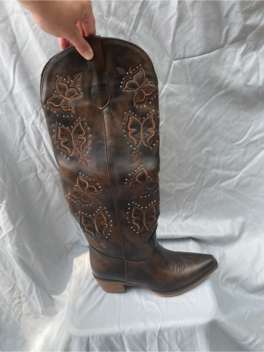 Distressed Faux Leather Butterfly Embossed Cowgirl Boots